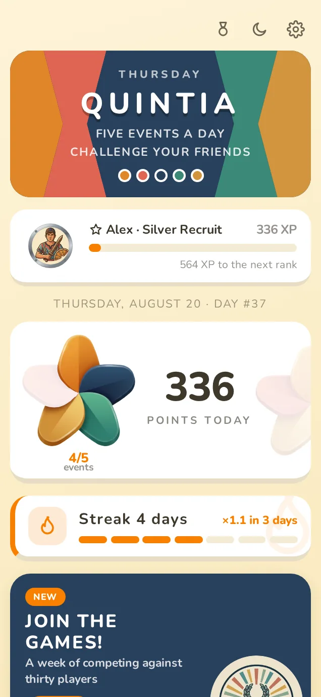 The Quintia home screen: the progress flower, a day streak and the list of five events