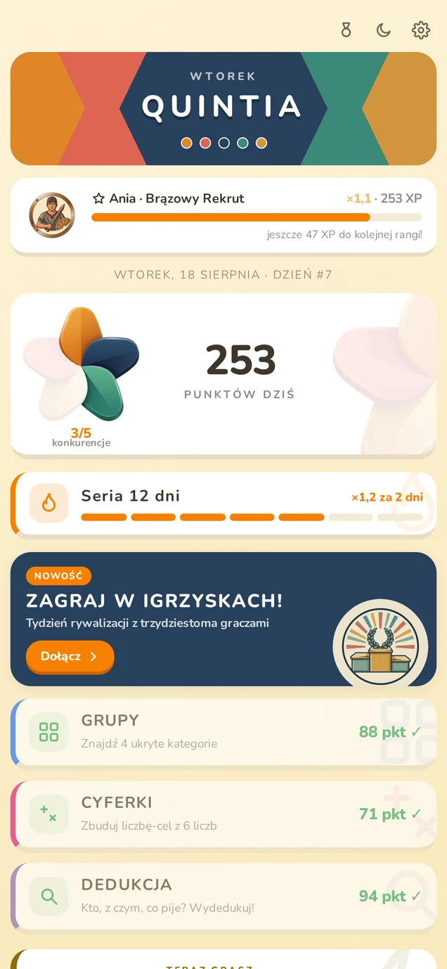 Ekran główny Quintii: kwiat postępu, seria dni i lista pięciu konkurencji